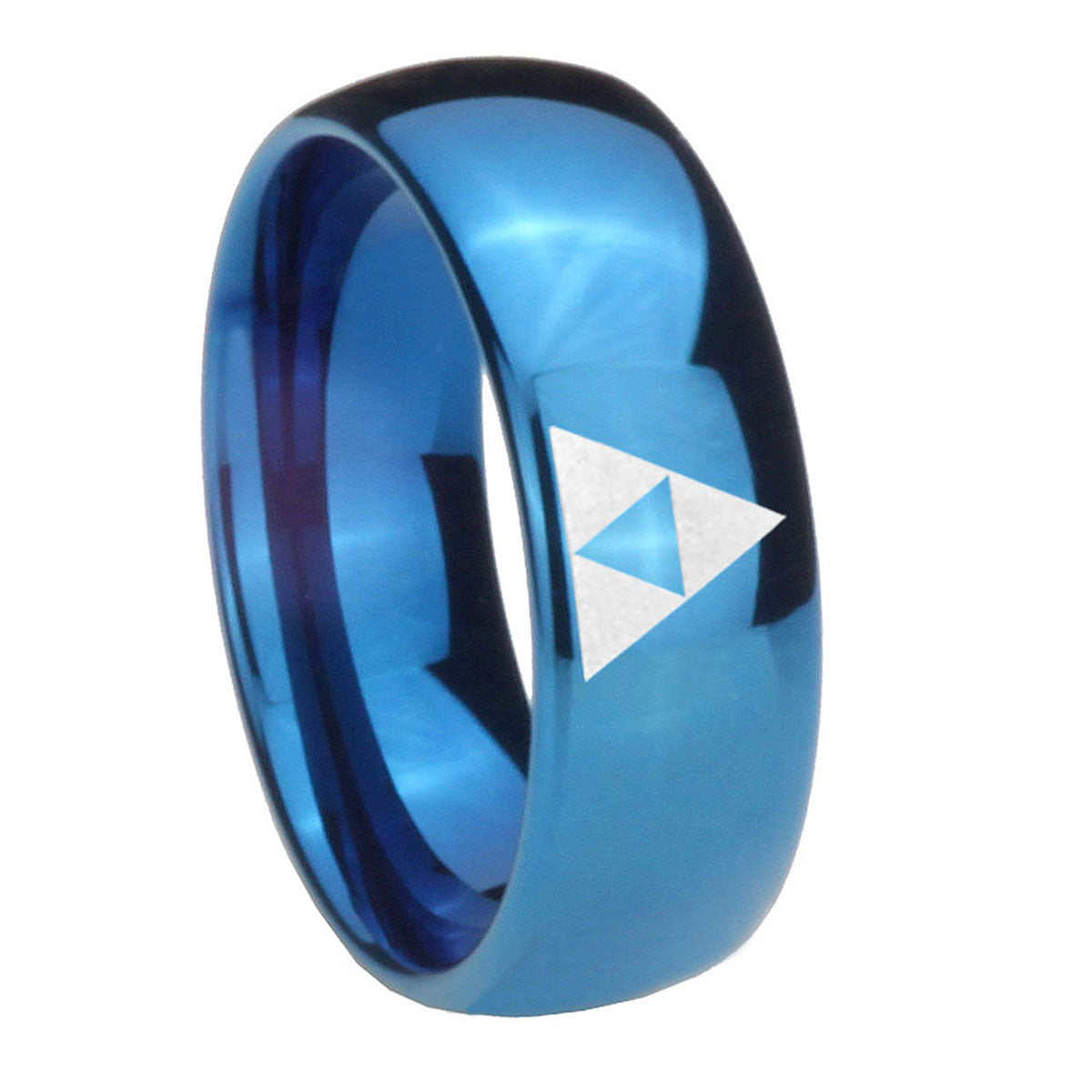 8MM Zelda Triforce Dome Blue Tungsten Carbide Custom Mens Ring