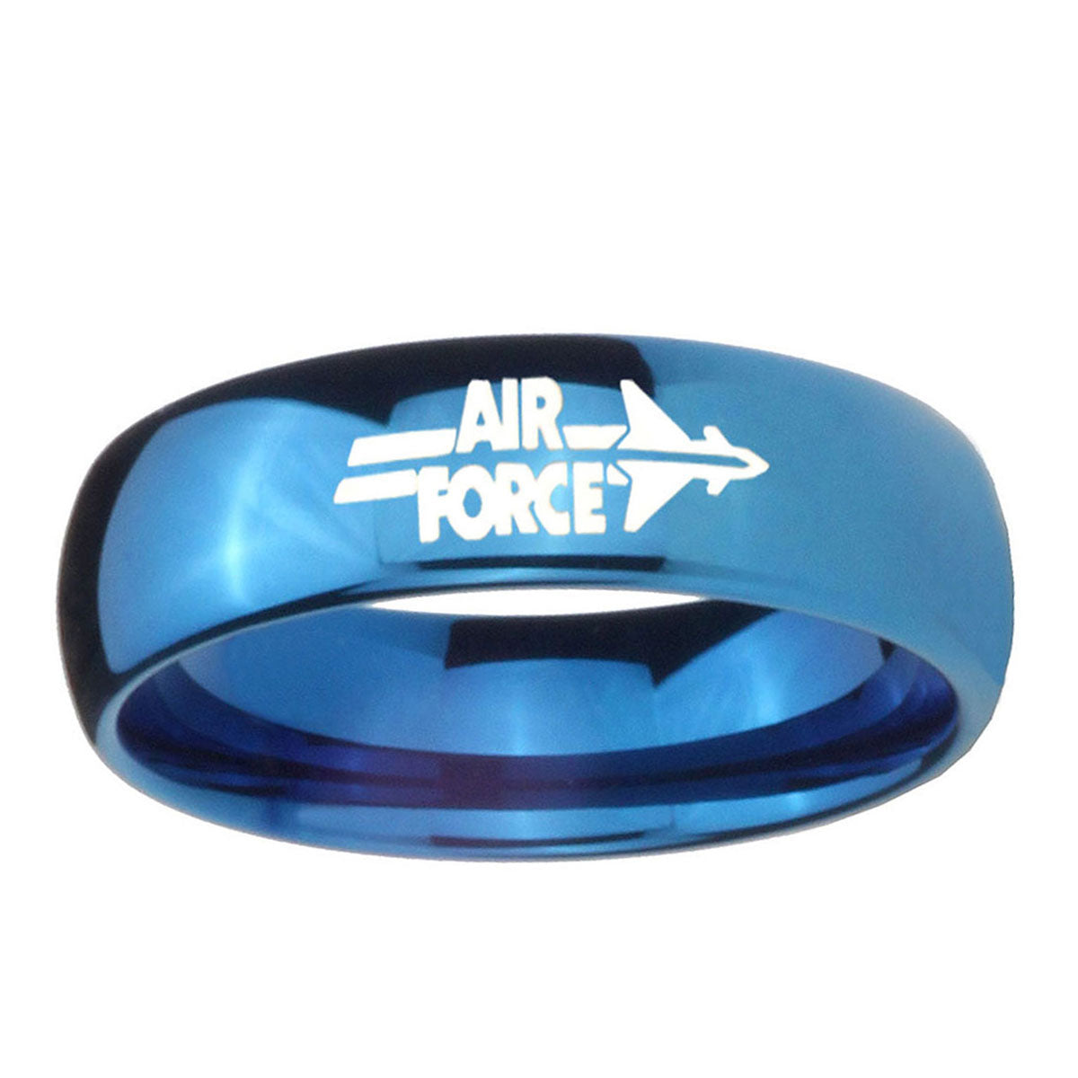 5MMGlossy Blue Dome Air Force Tungsten Laser Engraved Ring