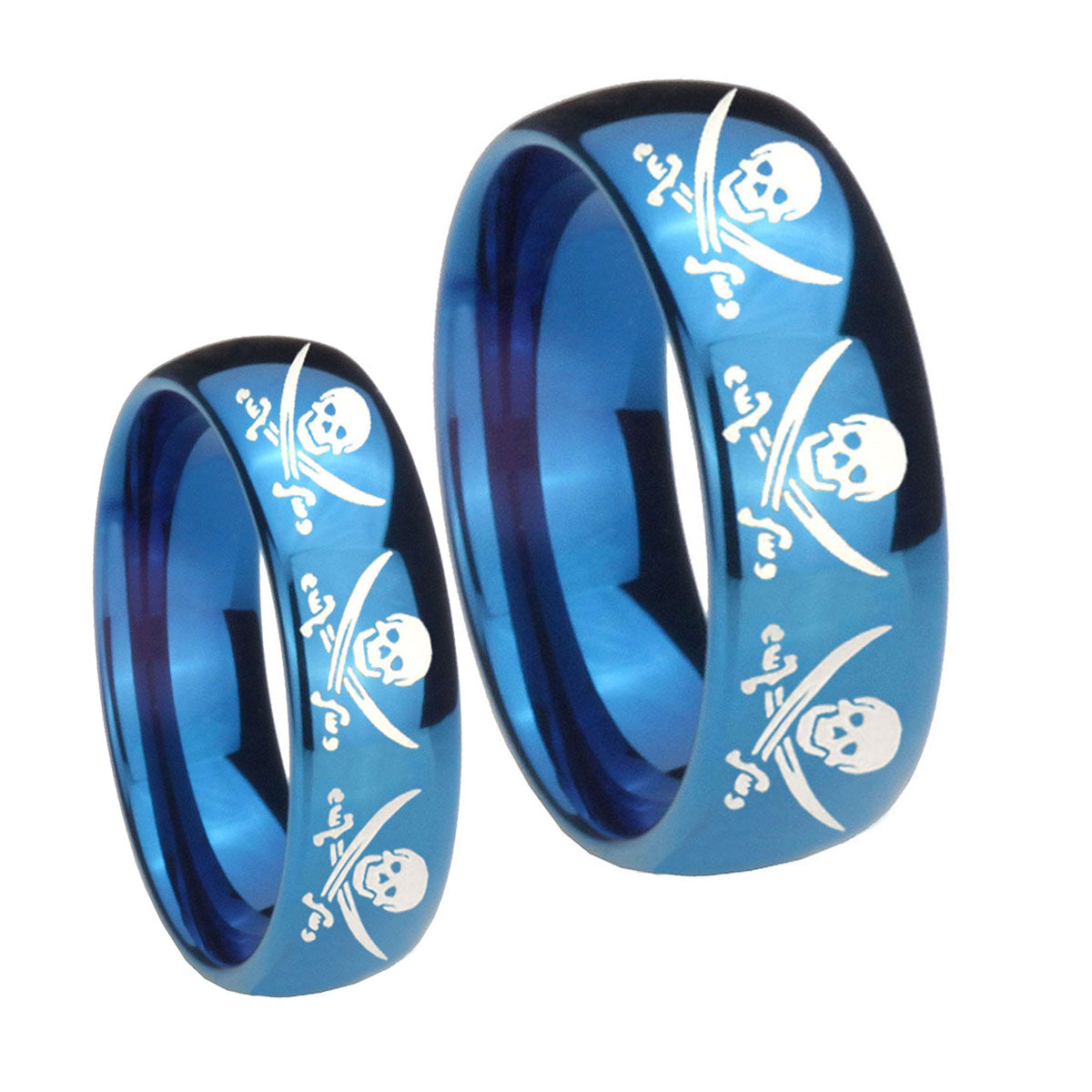 Multiple Skull Pirate Dome Blue Tungsten Wedding Set Rings