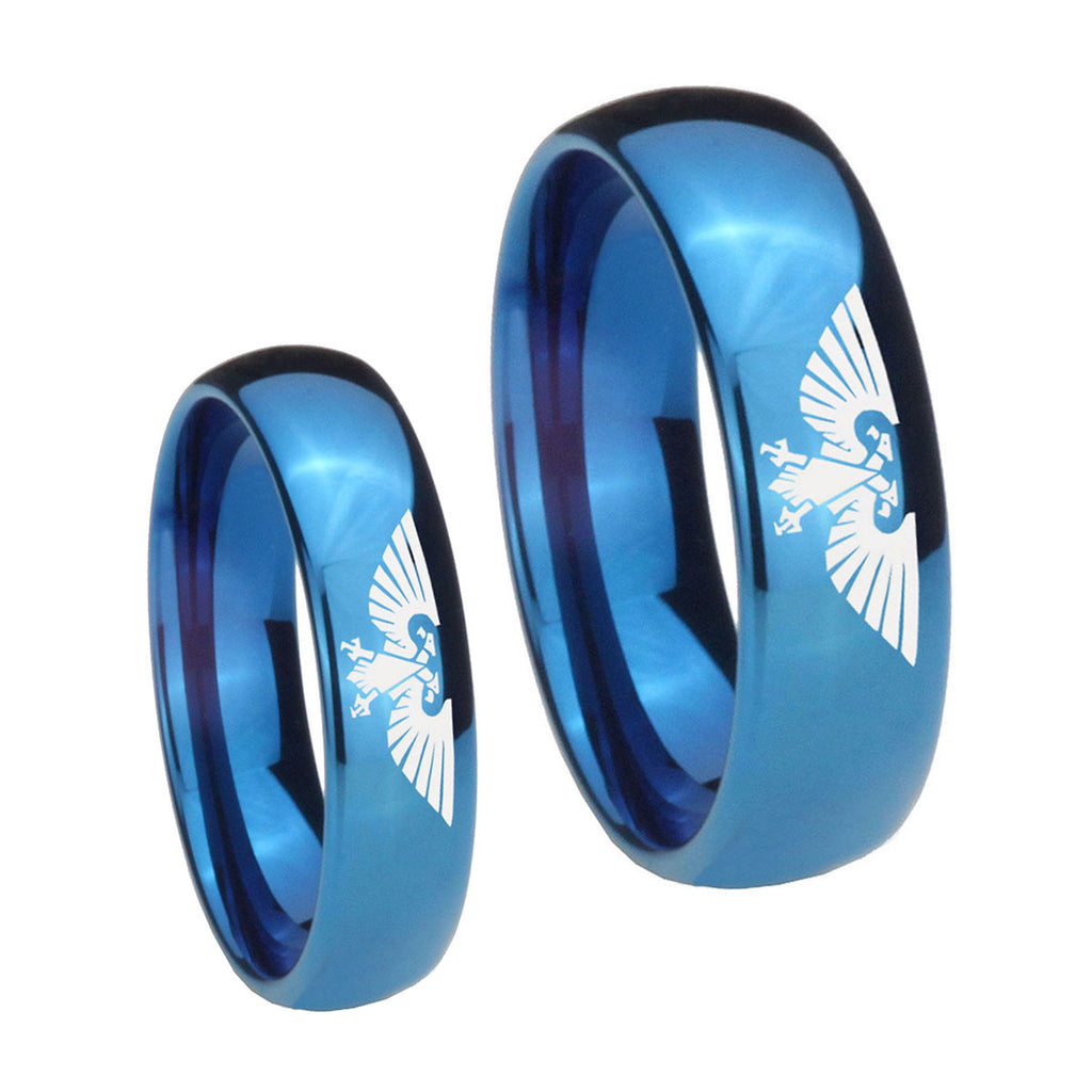 Aquila Dome Blue Tungsten Wedding Set Rings