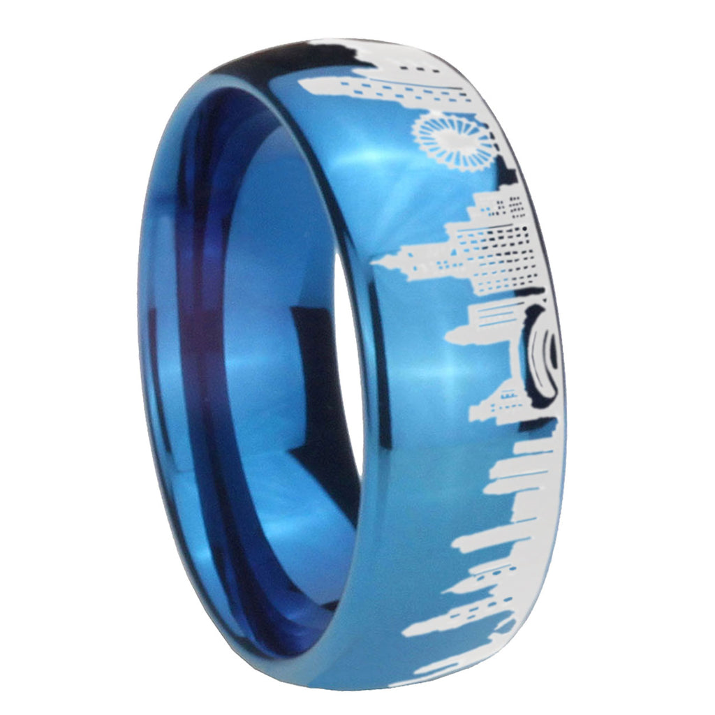 Chicago City Dome Polish Blue Tungsten Ring Engraved