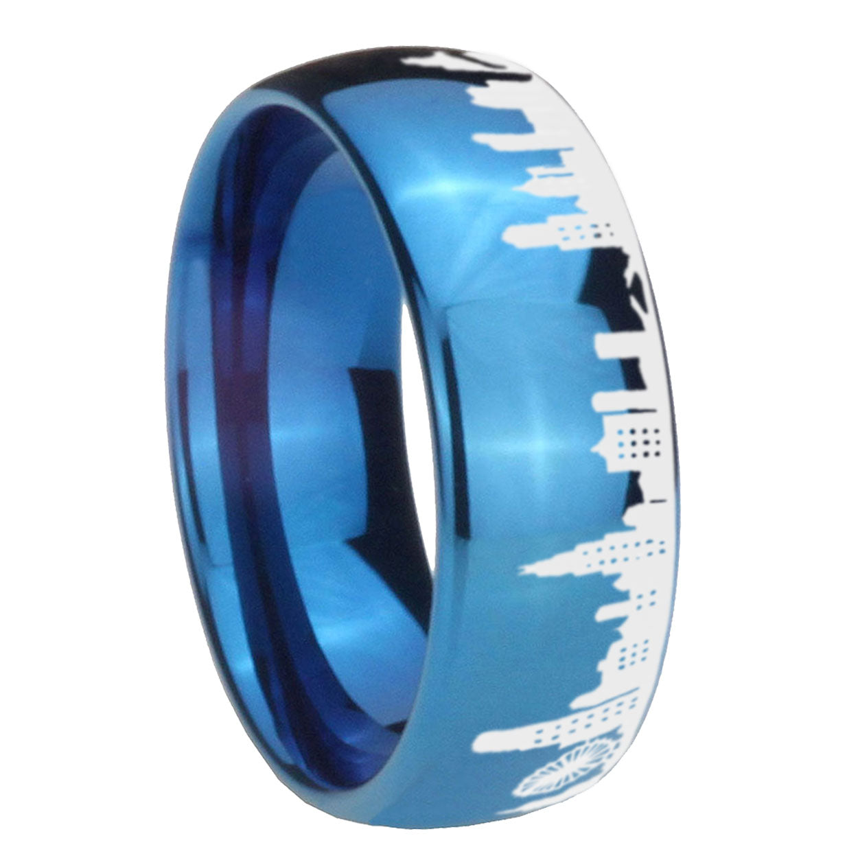 8MM Chicago City Dome Polish Blue Tungsten Ring Engraved