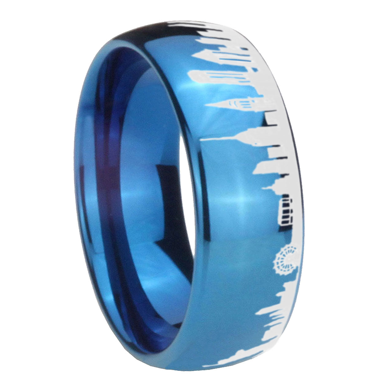 8MM NY New York City Dome Polish Blue Tungsten Ring Engraved