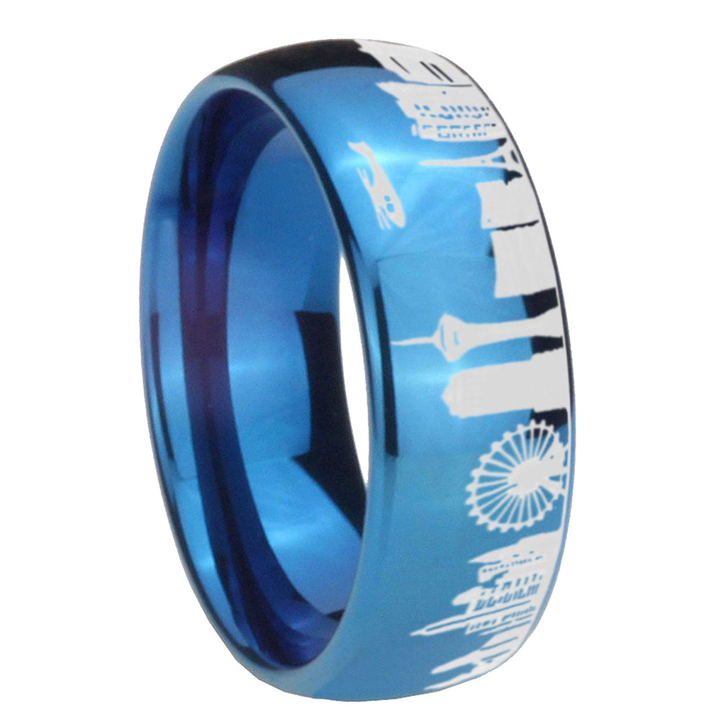 LA Las Vegas City Dome Polish Blue Tungsten Ring Engraved
