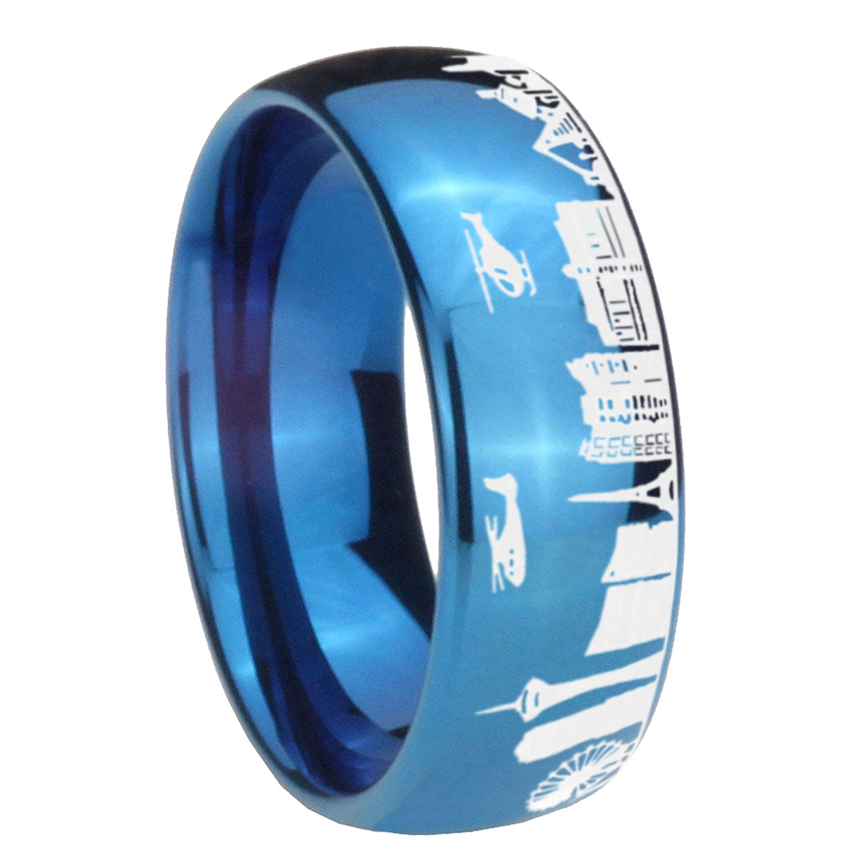 8MM LA Las Vegas City Dome Polish Blue Tungsten Ring Engraved