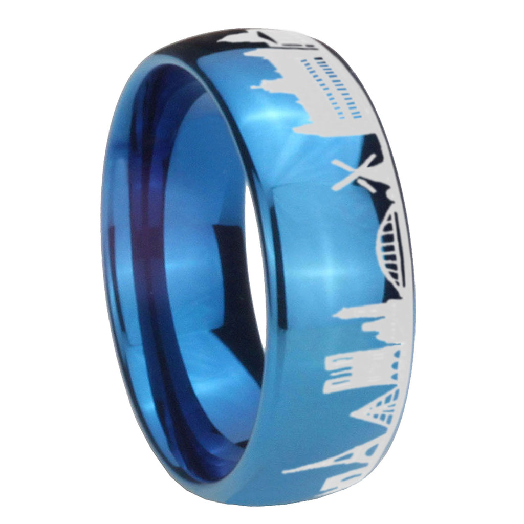 France Paris City Dome Polish Blue Tungsten Ring Engraved