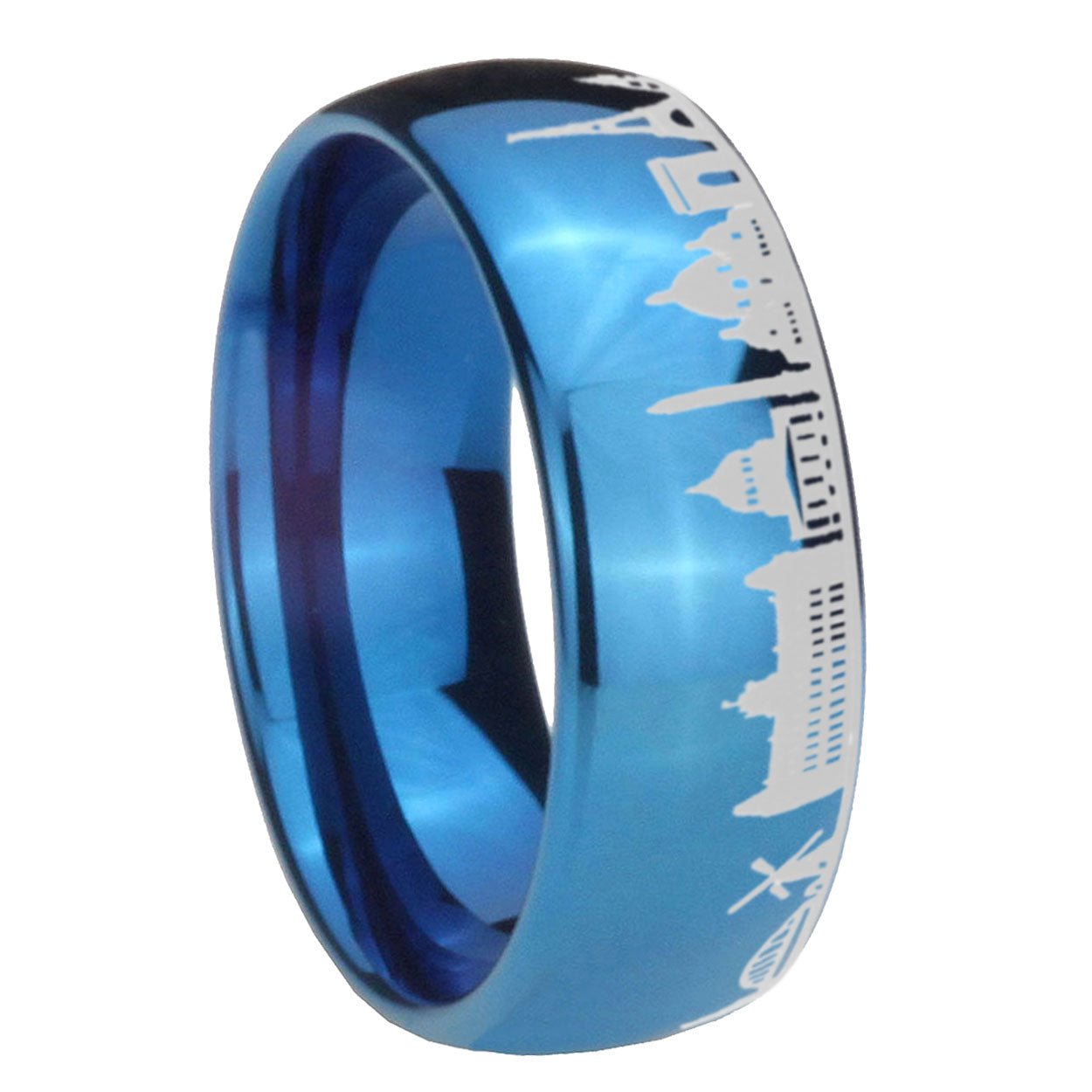 8MM France Paris City Dome Polish Blue Tungsten Ring Engraved