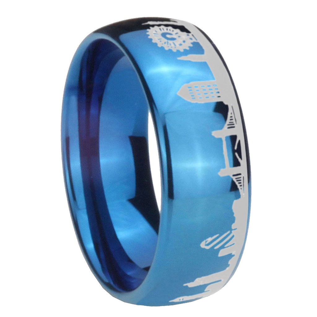 8MM UK London City Dome Polish Blue Tungsten Ring Engraved