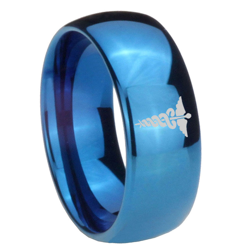 8MM Medical Symbol Dome Blue Tungsten Men's Wedding Band