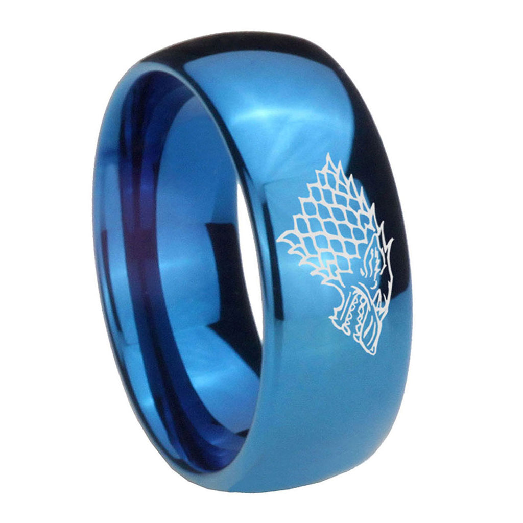 8MM Game Of Thrones House Stark Direwolf Dome Blue Tungsten Ring