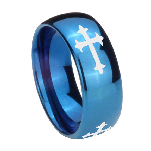 8mm-Christian-Cross-Religious-Dome-Blue-Tungsten-Carbide-Men's-Wedding-Band