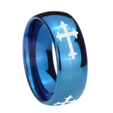 8mm Christian Cross Religious Dome Blue Tungsten Carbide Men's Wedding Band