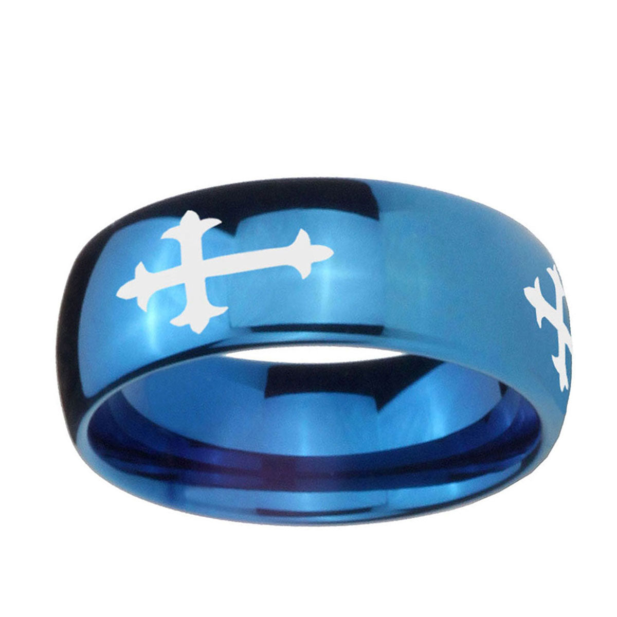 5MMChristian Cross Religious Dome Blue Tungsten Mens Band