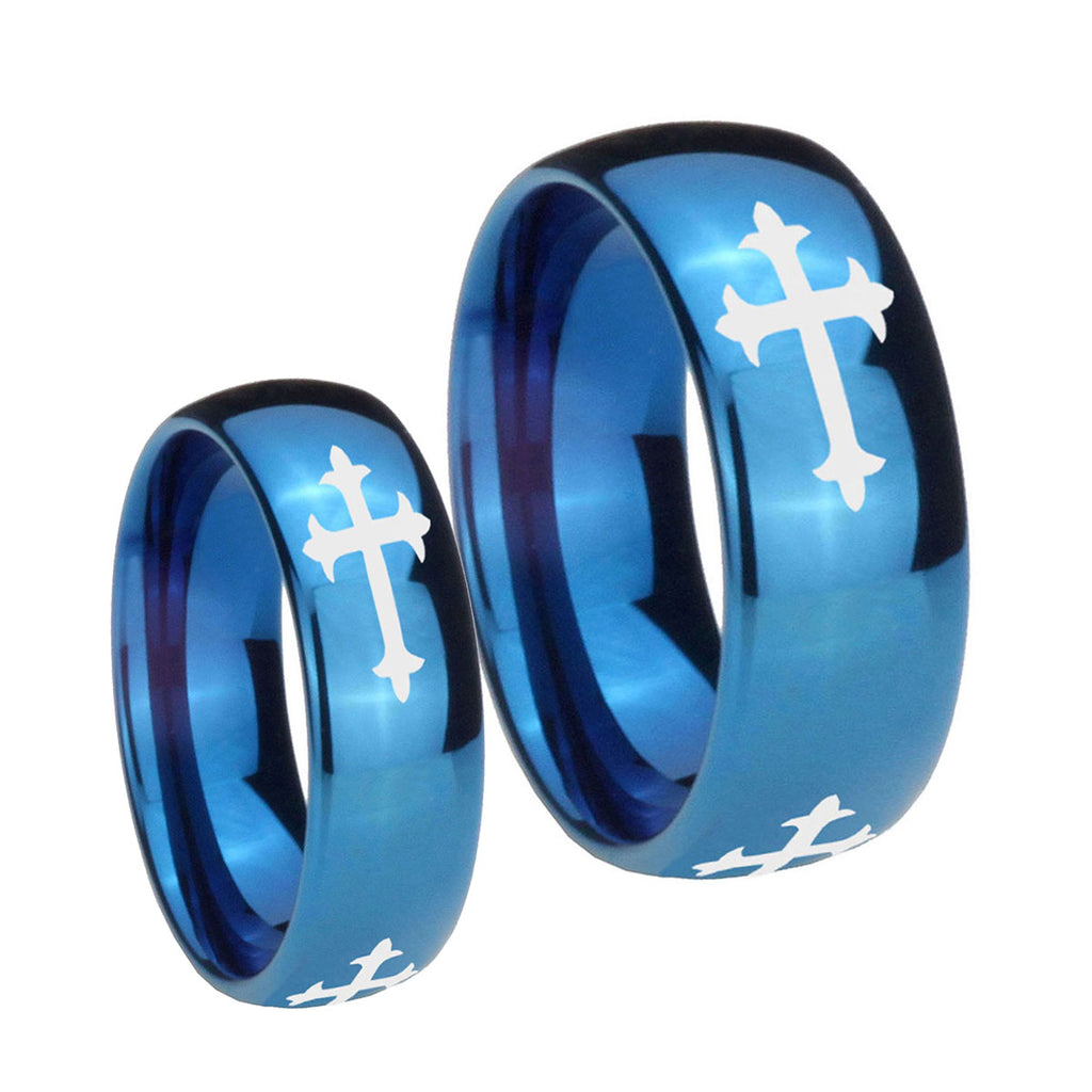 Christian Cross Religious Dome Blue Tungsten Bridal Set Rings