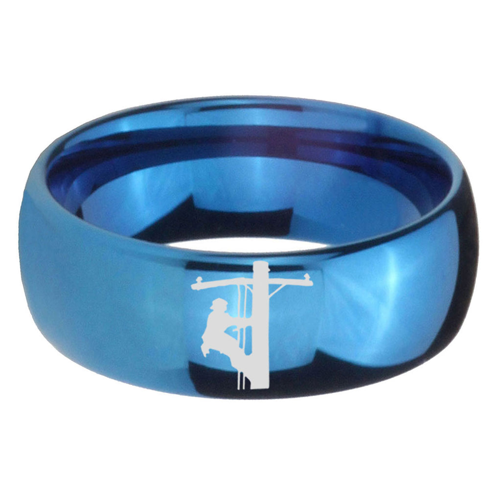 5MMLineman Symbol Dome Blue Mens Wedding Bands Engraved