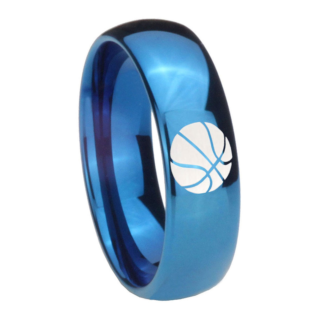 8MM Basketball Dome Blue Tungsten Mens Ring Personalized