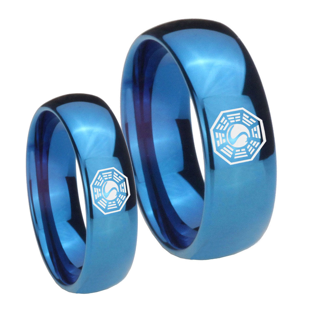 Lost Dharma Dome Blue Tungsten Couple Wedding Rings
