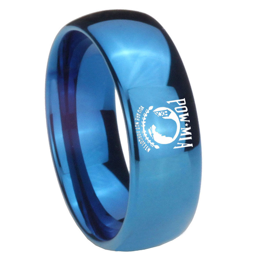 8MM Military Pow Dome Blue Tungsten Carbide Mens Wedding Ring