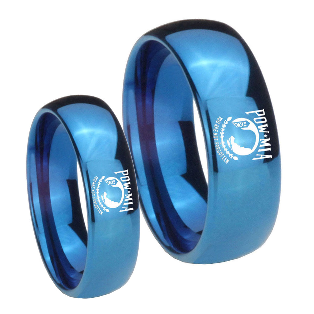 Military Pow Dome Blue Tungsten Bridal Band Set