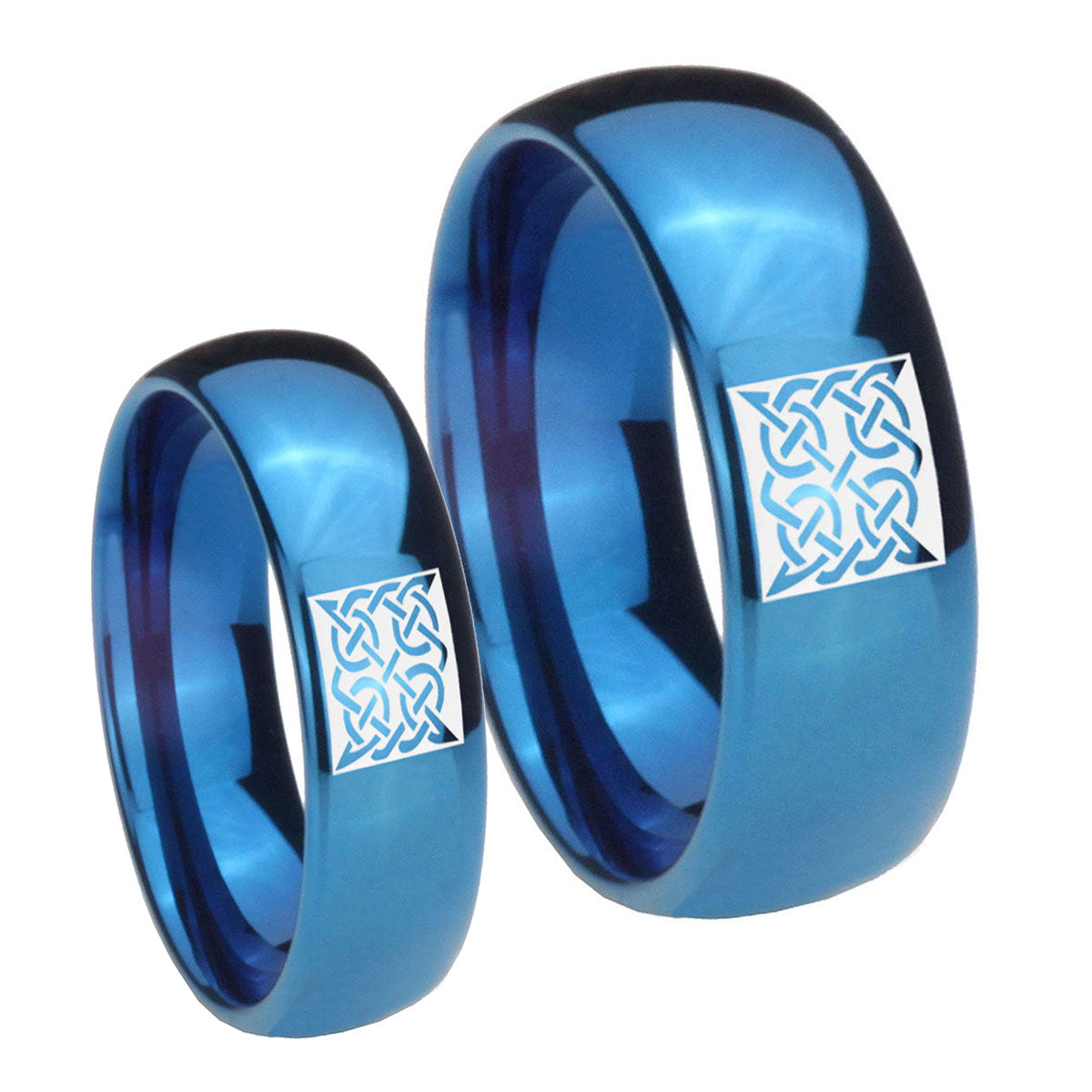 Celtic Design Dome Blue Tungsten Promise Ring Set