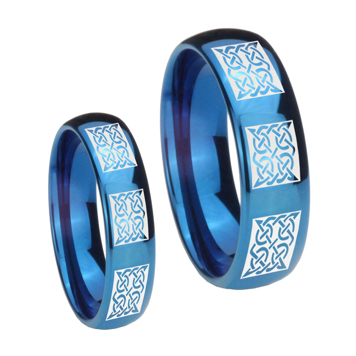 Multiple Celtic Dome Blue Tungsten His Hers Set Rings