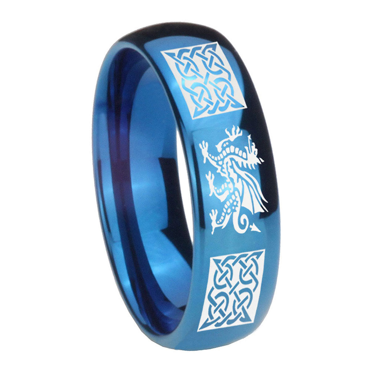 8MM Multiple Dragon Celtic Dome Blue Tungsten Men Ring Personalized