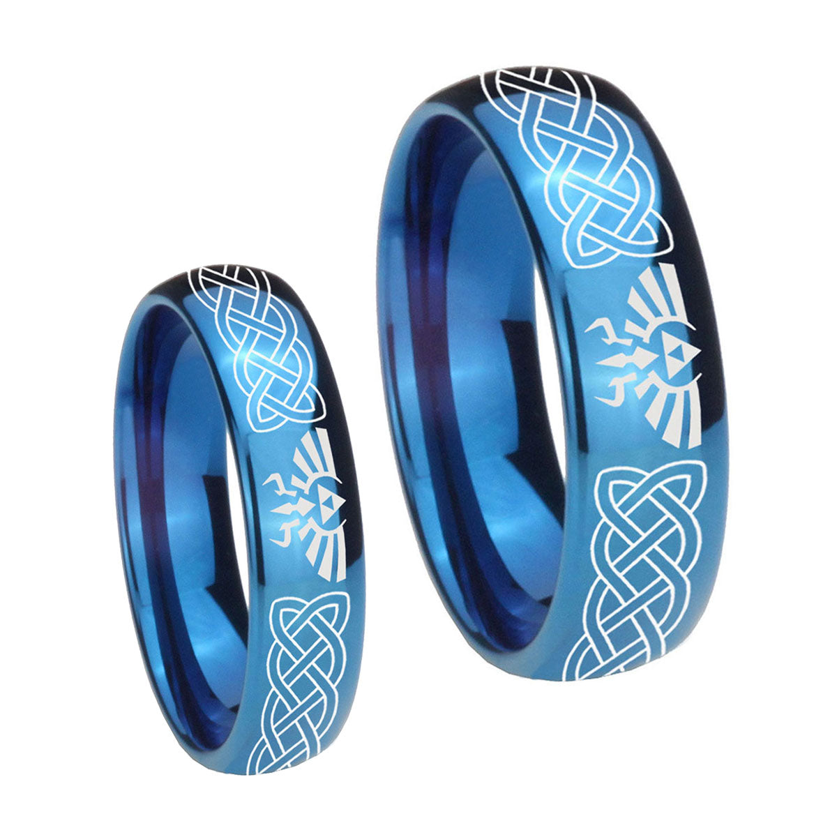 Celtic Zelda Dome Blue Tungsten Wedding Set Ring