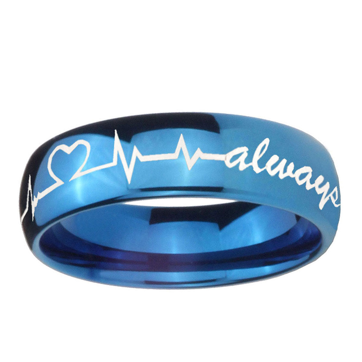 5MMHeart Beat forever Heart always Dome Blue Tungsten Mens Ring 