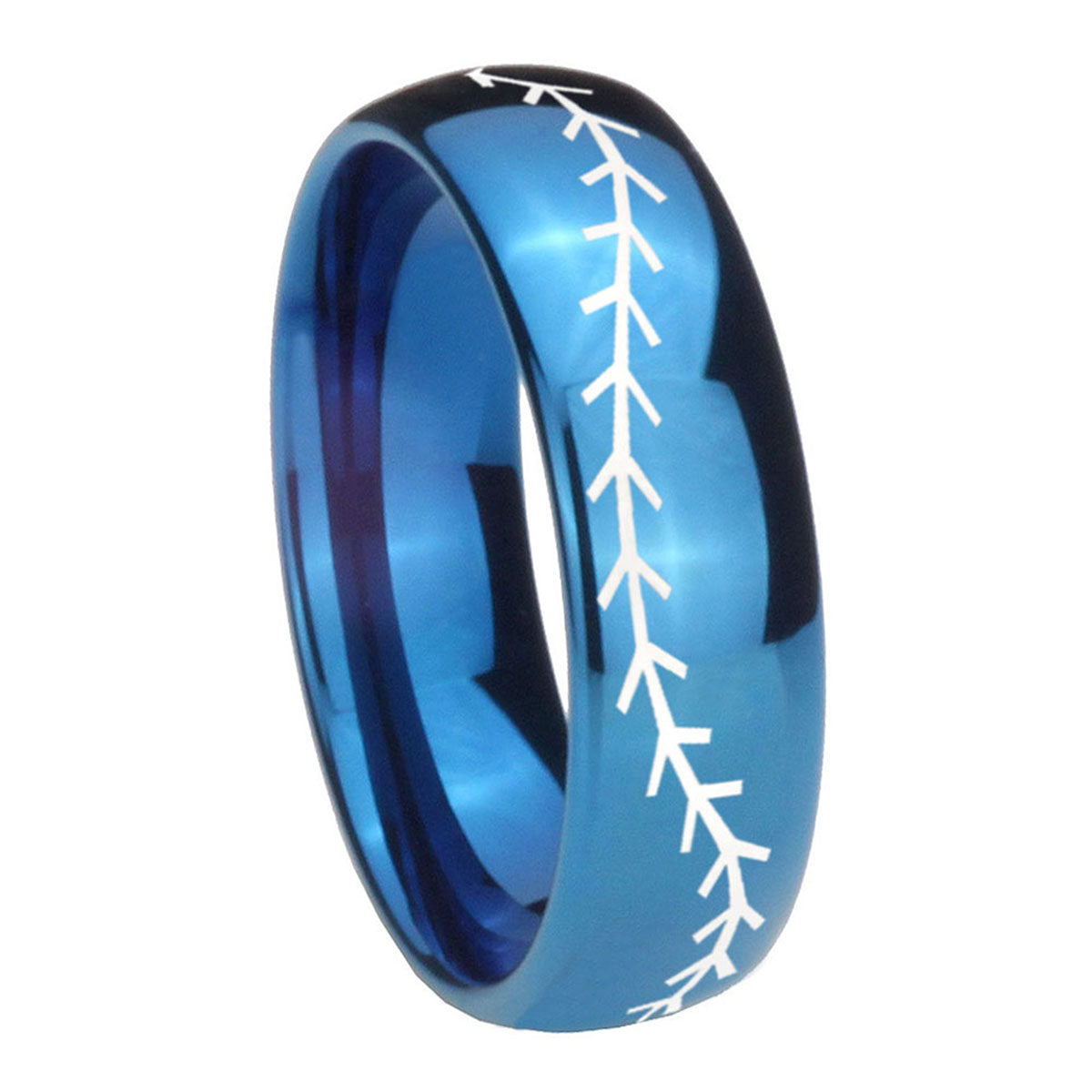 8MM Baseball Stitch Dome Blue Tungsten Men's Wedding Band