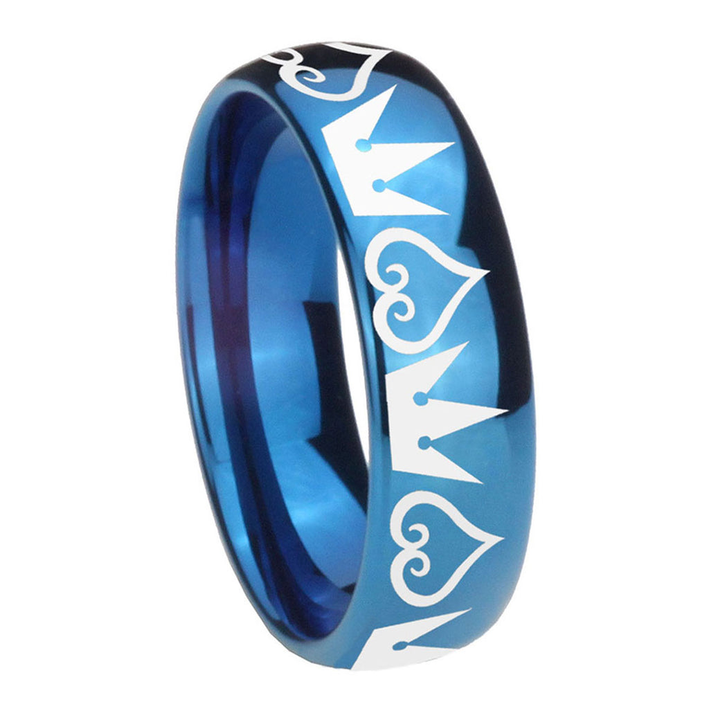 8MM Hearts and Crowns Dome Blue Tungsten Mens Wedding Ring