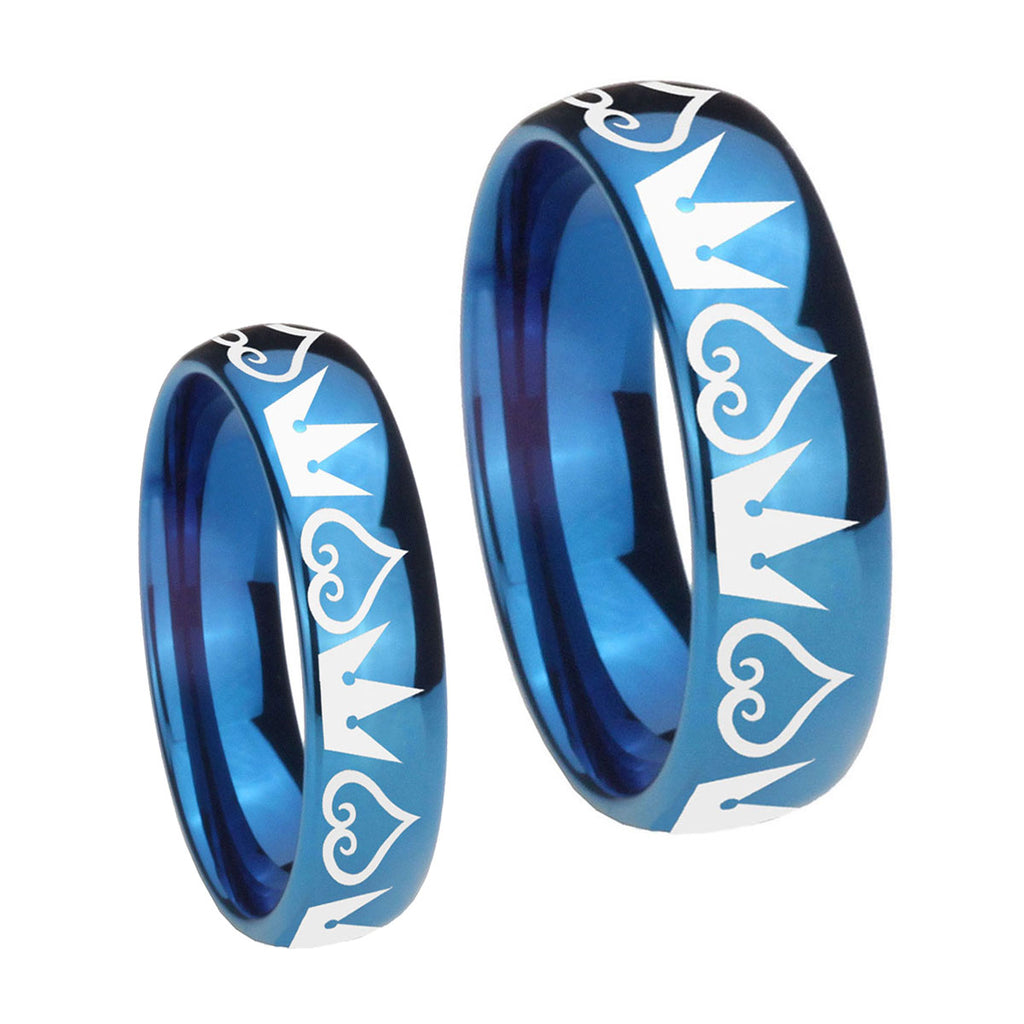Hearts and Crowns Dome Blue Tungsten Mens Ring Set