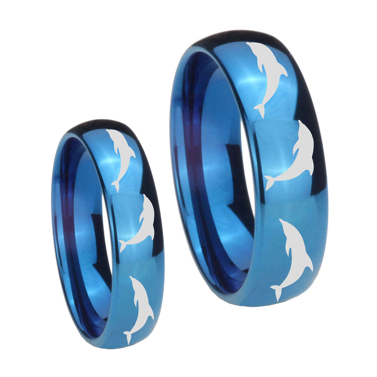 Dolphins Dome Blue Tungsten Wedding Set Rings