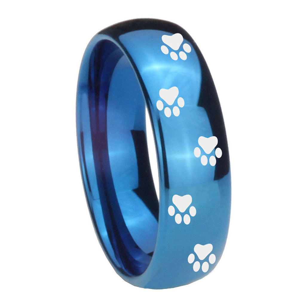 8MM Paw Print Dome Blue Tungsten Carbide Men's Promise Rings