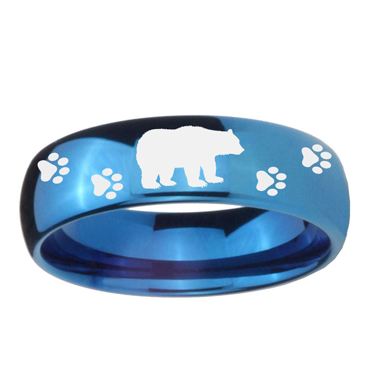 5MMBear and Paw Dome Blue Tungsten Carbide Personalized Ring