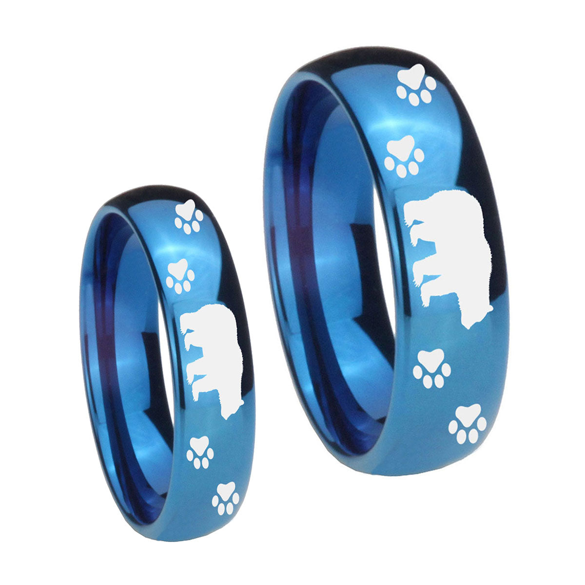Bear and Paw Dome Blue Tungsten Bridal Set Ring