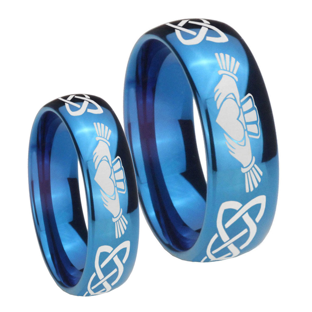 Irish Claddagh Dome Blue Tungsten His and Hers