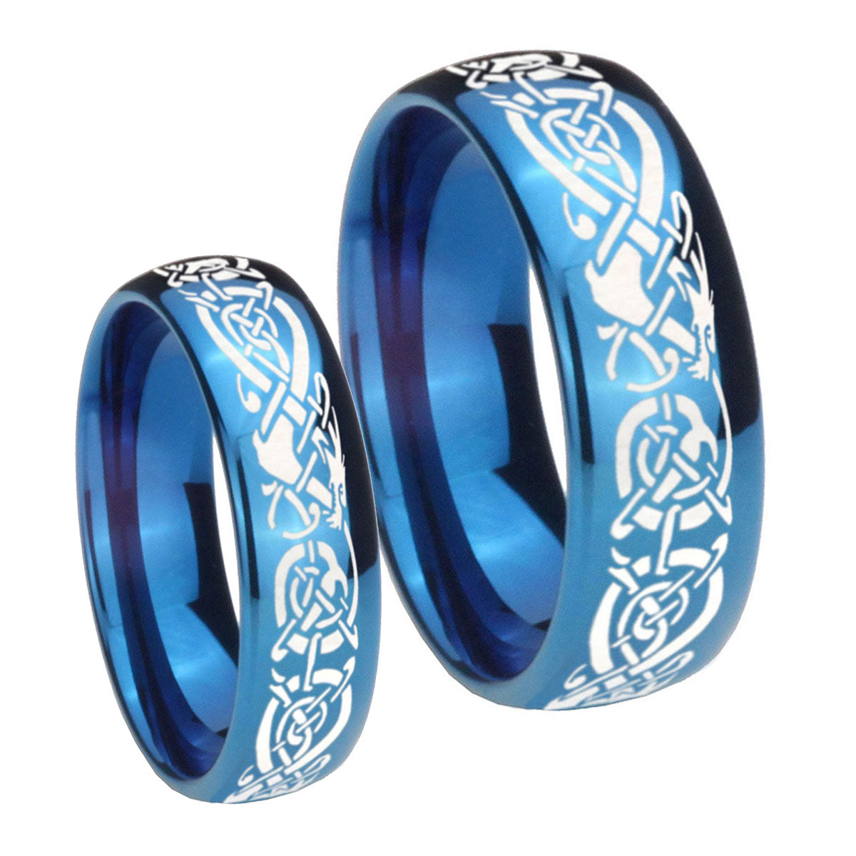 Celtic Knot Dragon Dome Blue Tungsten Promise Ring Set