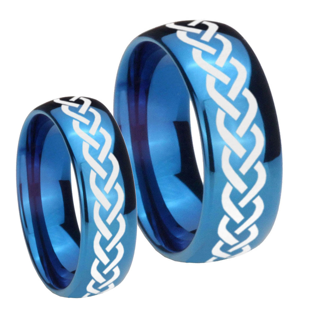 Laser Celtic Knot Dome Blue Tungsten Bridal Set Rings