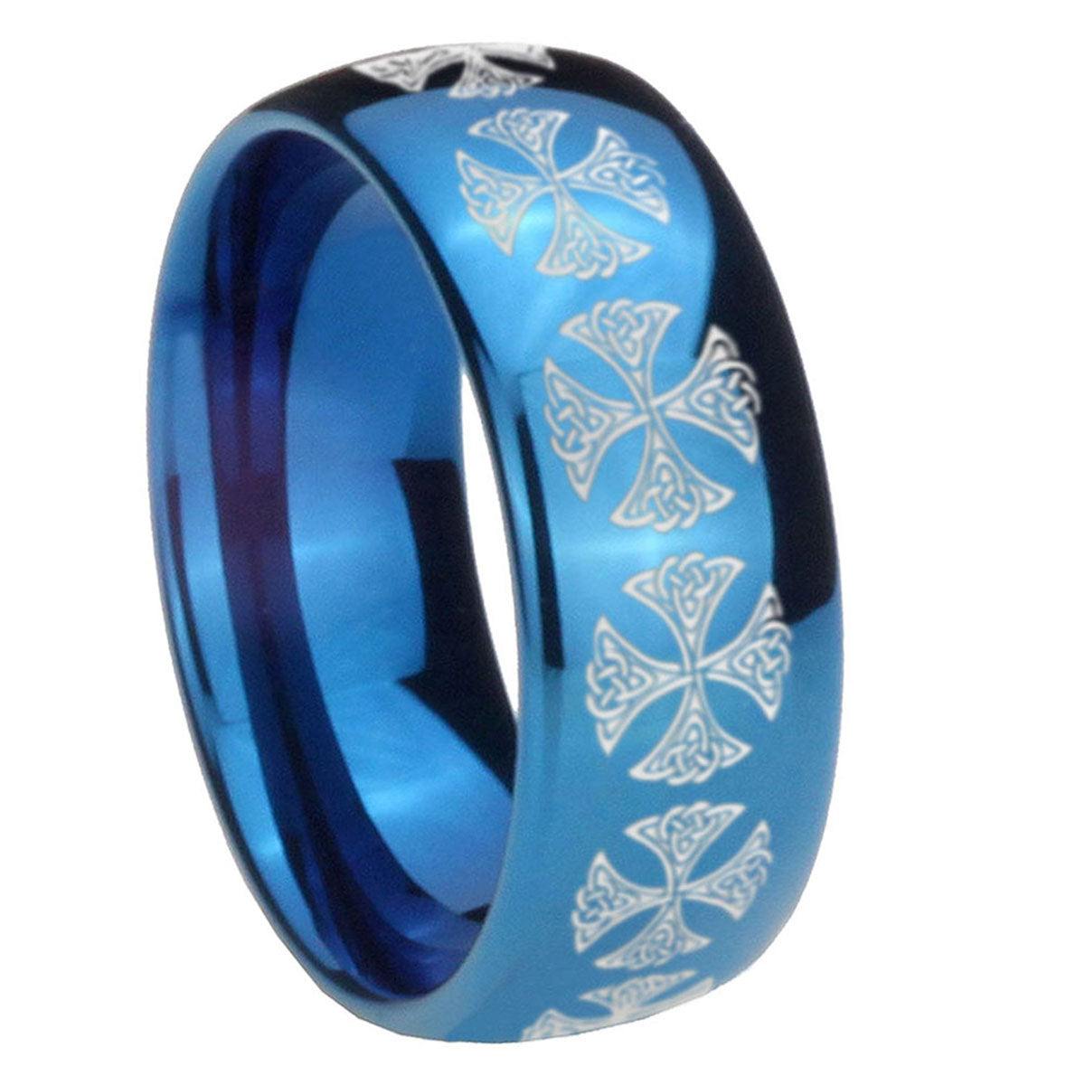 8MM Medieval Cross Dome Blue Tungsten Men's Wedding Band