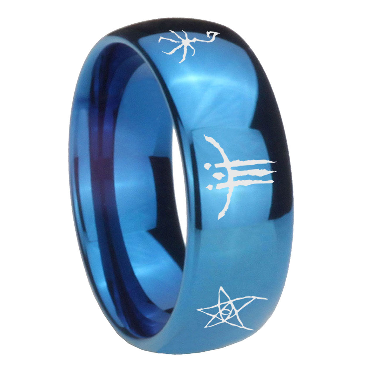 8MM Blackborne Caryll Runes Dome Blue Mens Wedding Bands Engraved