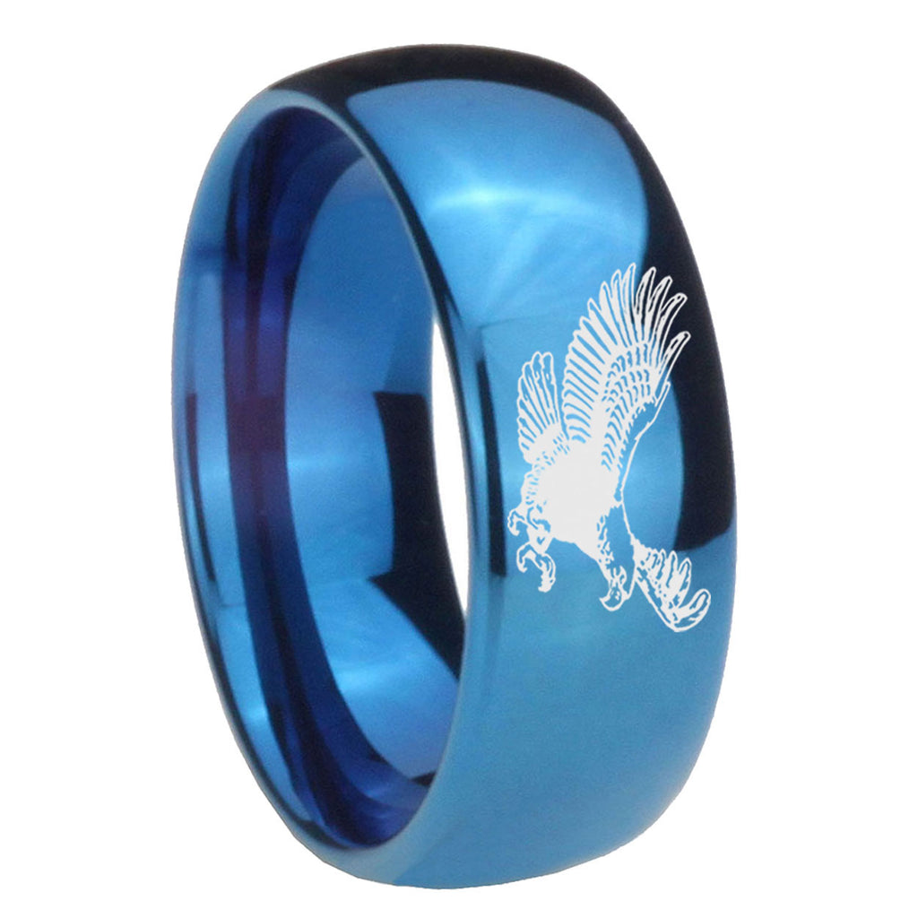 8MM Flying American Eagle Dome Blue Mens Wedding Bands Engraved