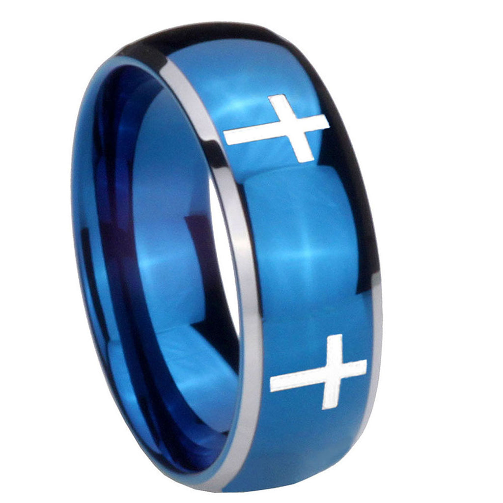 8mm Crosses Dome Blue 2 Tone Tungsten Men's Engagement Band