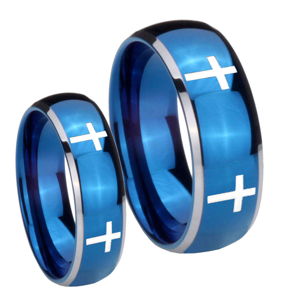 Crosses Dome Blue 2 Tone Tungsten Mens Set Ring