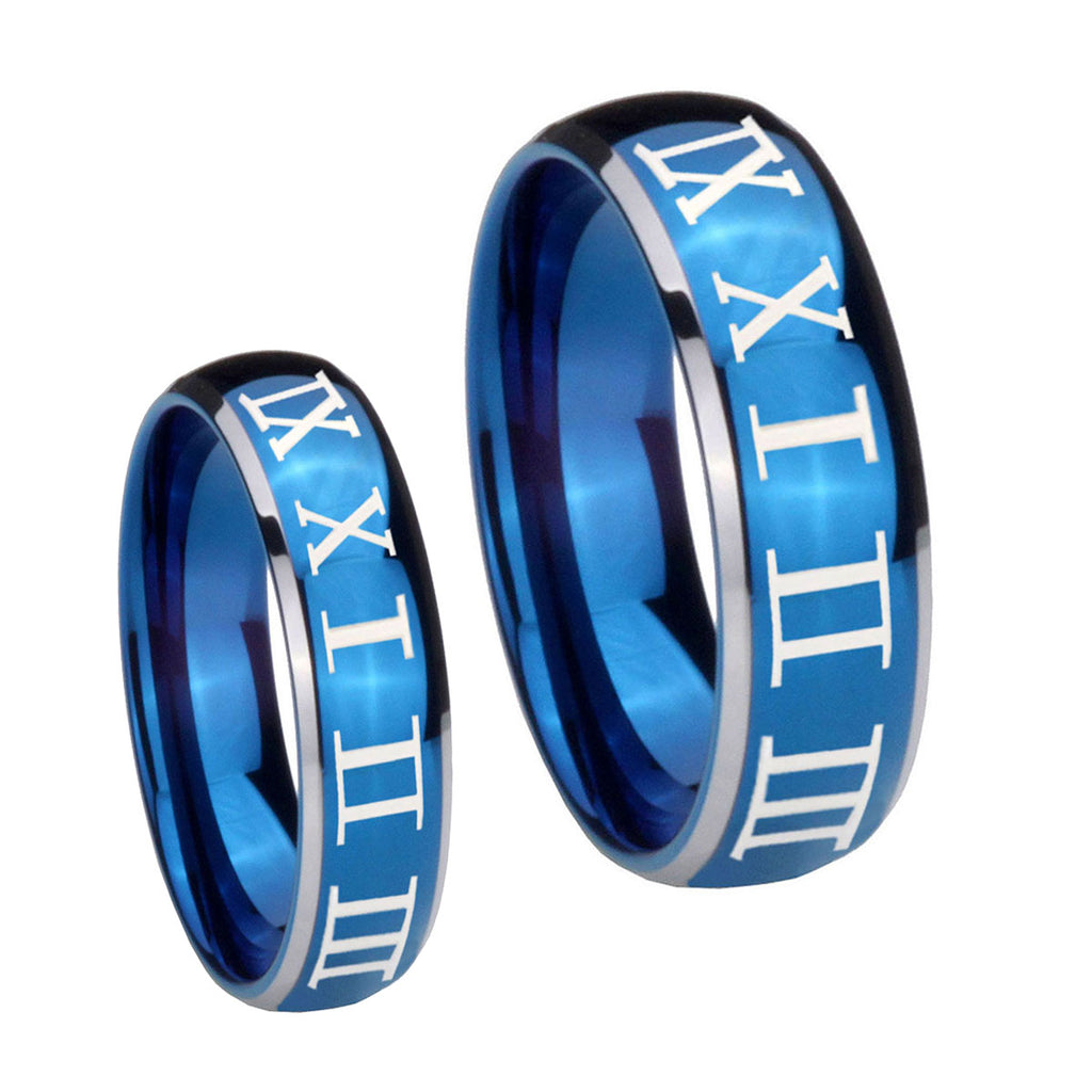 Roman Numeral Dome Blue 2 Tone Tungsten Wedding Set Rings
