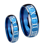 His Hers Roman Numeral Dome Blue 2 Tone Tungsten Mens Anniversary Ring Set
