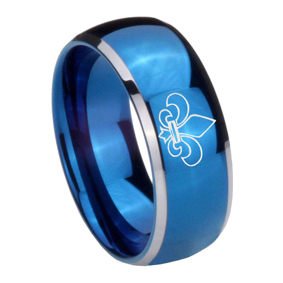 8mm-Fleur-De-Lis-Dome-Blue-2-Tone-Tungsten-Carbide-Mens-Wedding-Band