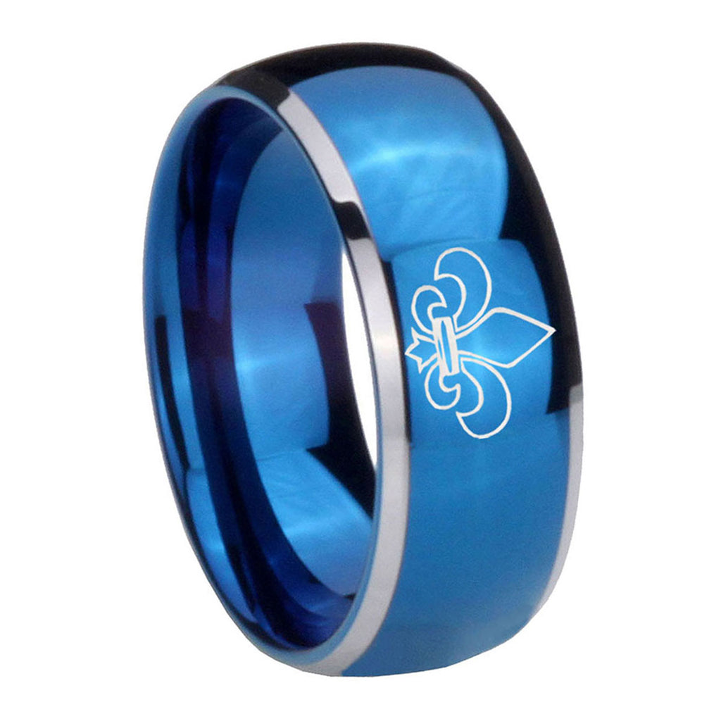 8mm Fleur-De-Lis Dome Blue 2 Tone Tungsten Mens Wedding Band
