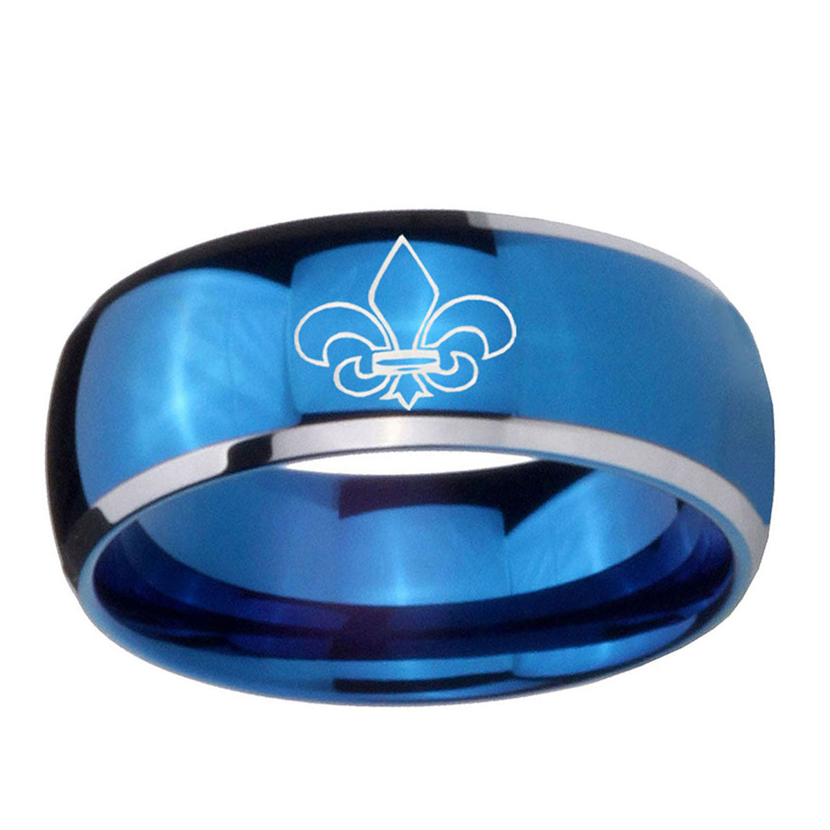 5mm Fleur-De-Lis Dome Blue 2 Tone Tungsten Mens Wedding Band