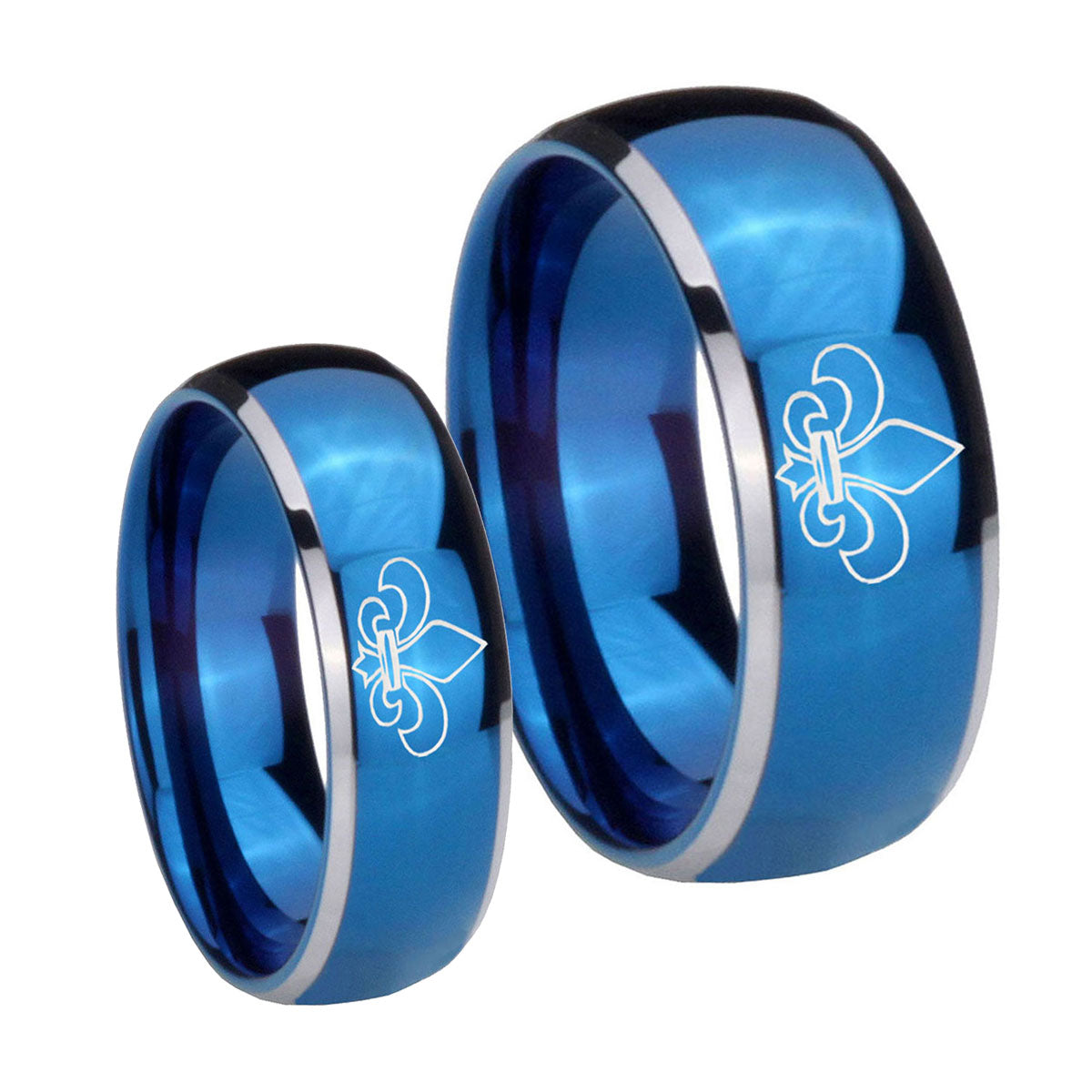 Fleur De Lis Dome Blue 2 Tone Tungsten Bridal Set Ring