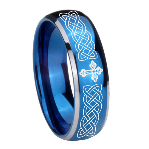 8mm Celtic Cross Dome Blue 2 Tone Tungsten Mens Bands Ring